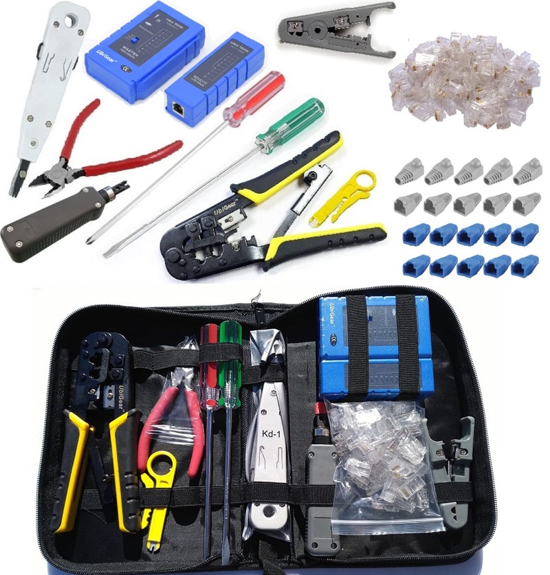 UbiGearÂ® Network/Phone Cable Tester + RJ11/RJ12/RJ45 Network Cable Crimper + RJ45 CAT5e Connectors Plugs/Boots Stripper Network Tool Kits (Premium 568 Tool Kits) - Image 1